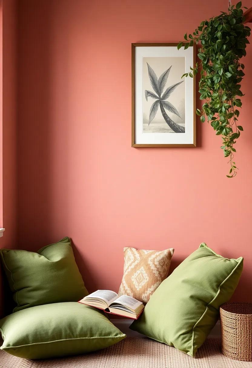 Cozy Reading Nook: Design a‍ cozy reading corner ​with dusty ​rose walls and ‍olive green cushions, ideal for ‍curling up with a good ⁤book