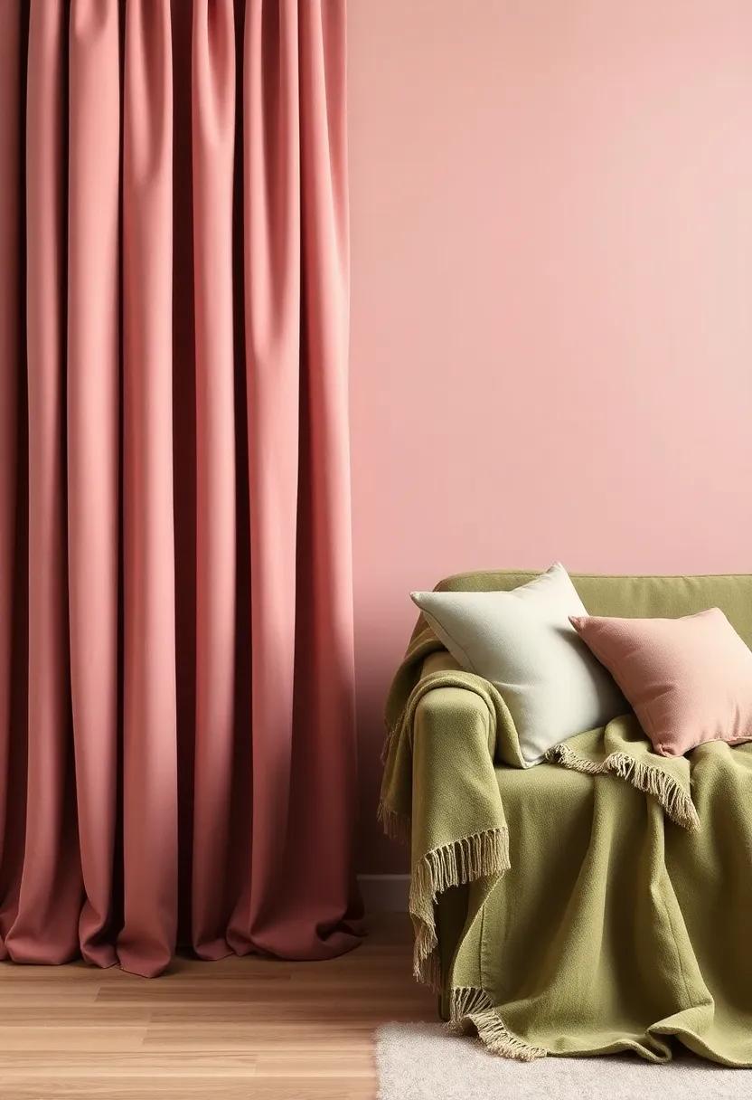 Luxe​ Textures:⁤ Layer dusty⁢ rose velvet curtains with olive‌ green linen throws to add warmth and texture to⁤ your ⁢living space