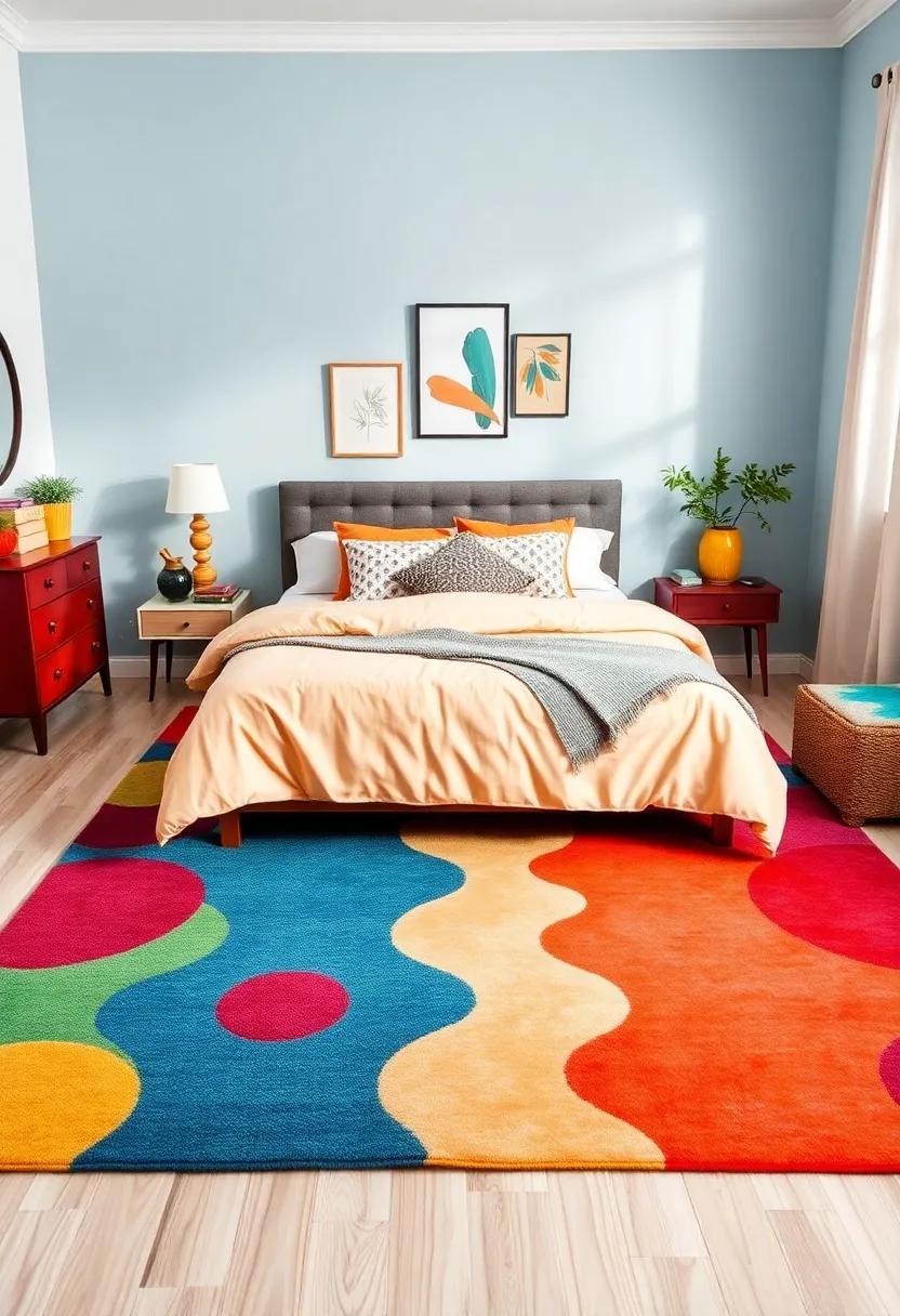 feature a Multi-Colored Rug: Lay down ⁣a vibrant area ‍rug that pulls together the various colors‌ in the room, ‍grounding⁤ the eclectic decor