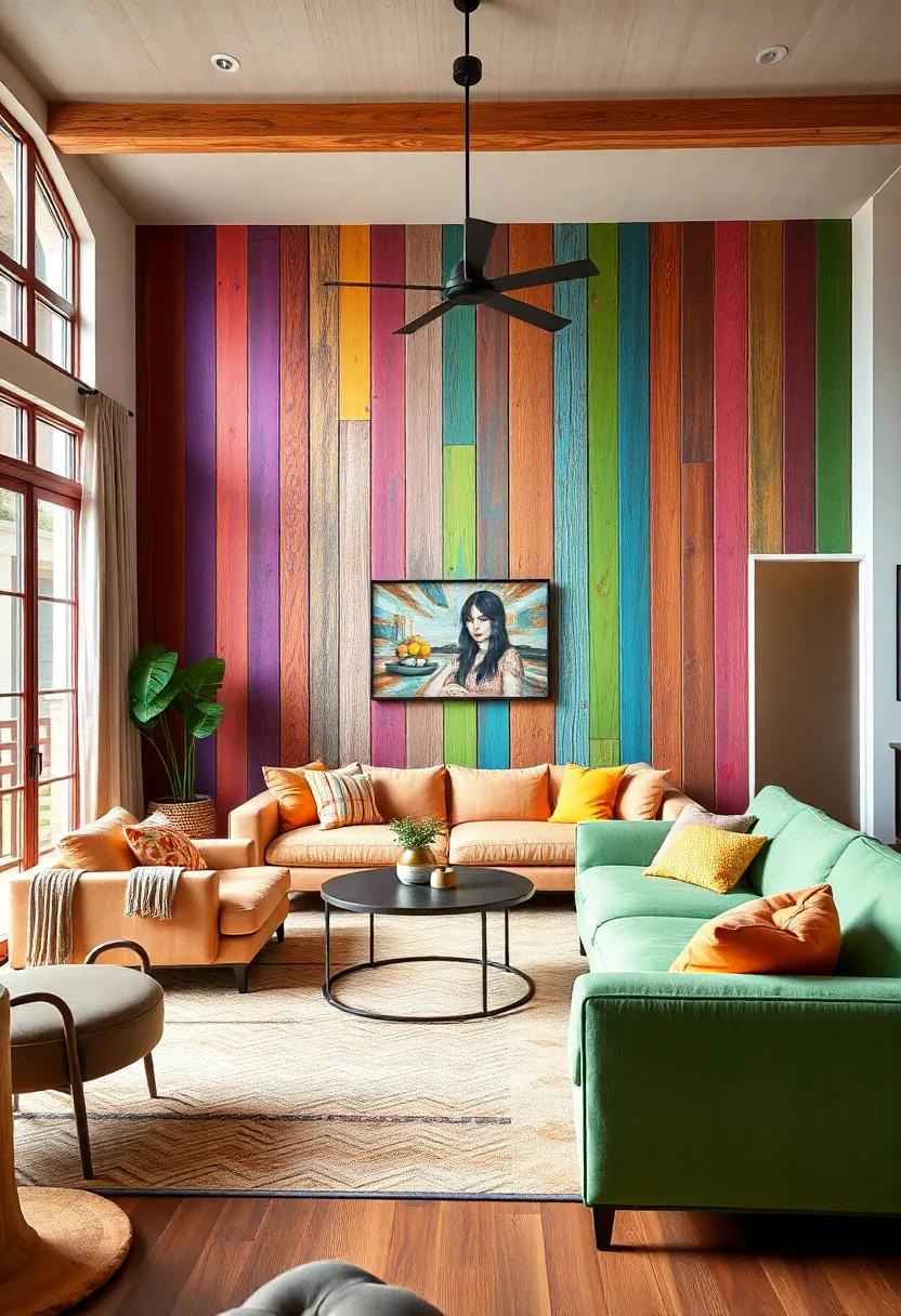 Reclaimed Wood‌ charm: use ⁤reclaimed wood stained in different⁣ bright colors as an accent wall to‍ introduce texture and warmth