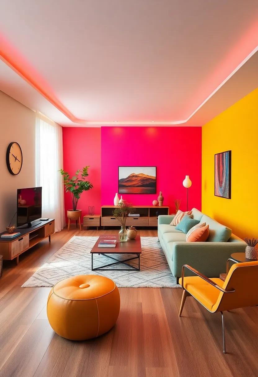 Neon Highlights: Integrate neon colors into your accent wall for a striking pop that electrifies the space