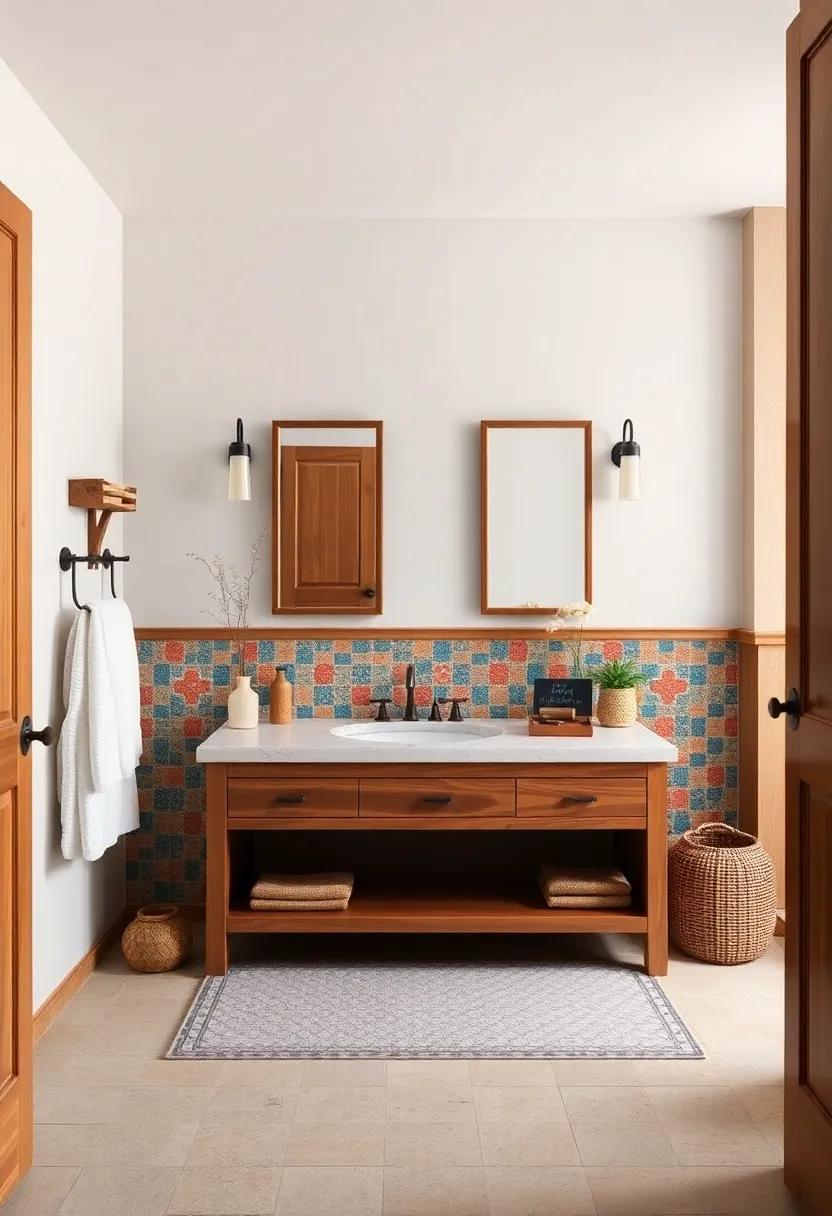 Colorful Tile Details: incorporate ⁣colorful ⁣vintage tiles ⁤on the vanity that offer a playful contrast⁢ to the‍ rustic elements