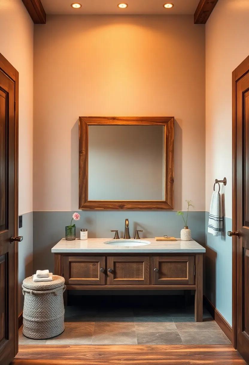 Farmhouse Mirrors: Adorn your vanity with a distressed wooden-framed mirror that reflects rustic elegance