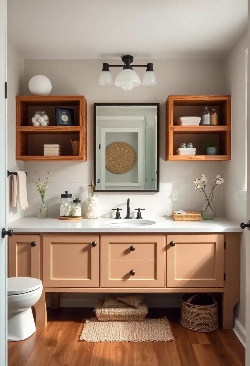 Open Shelving: Choose an open-shelved⁣ vanity to display rustic decor, like mason jars filled with cotton balls ​and handcrafted soaps