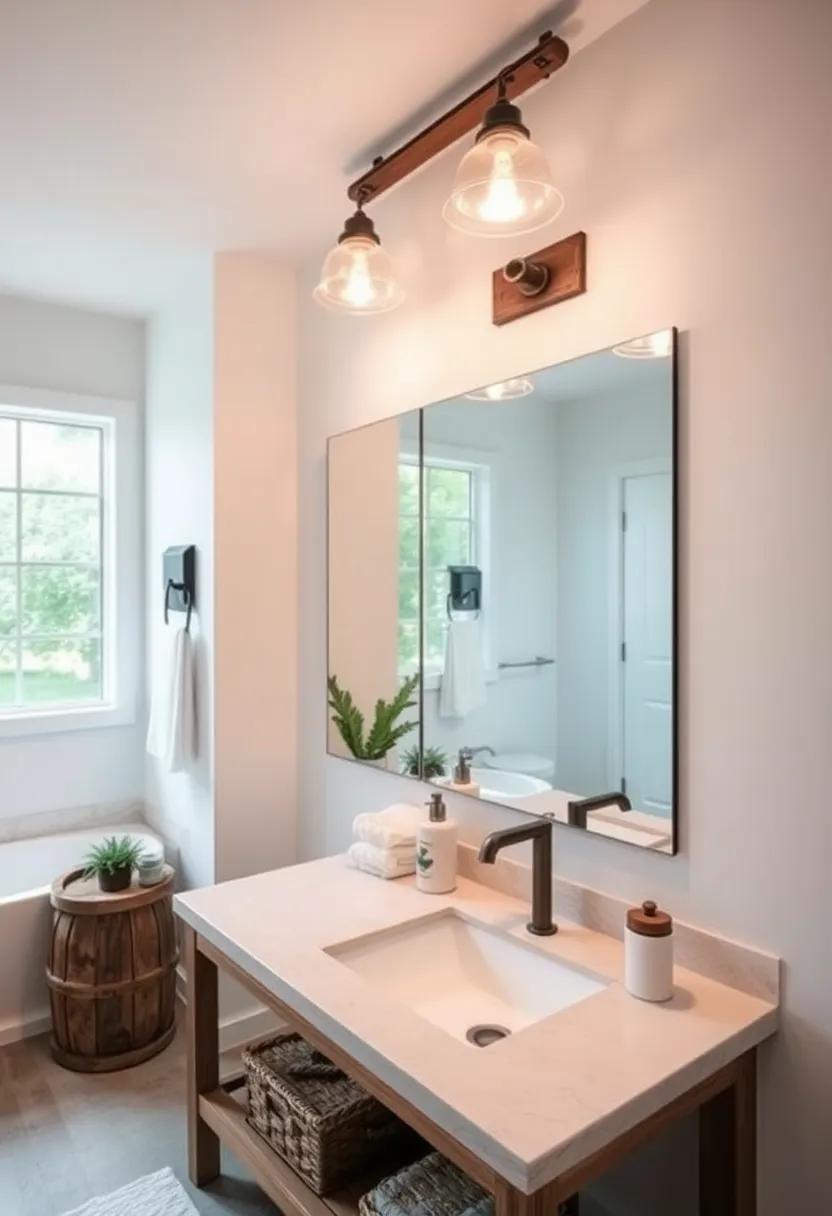 Statement Lighting: Hang rustic farmhouse light​ fixtures above the vanity to⁤ illuminate the space and add character