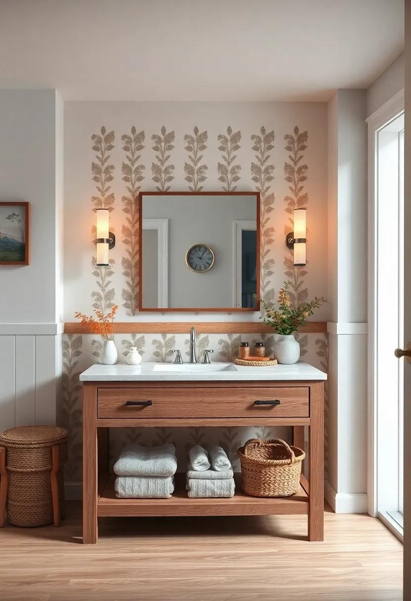 Subtle Patterns: Introduce subtle patterns with vintage wallpaper or paint ⁤on the vanity for a quirky yet warm ​farmhouse appeal