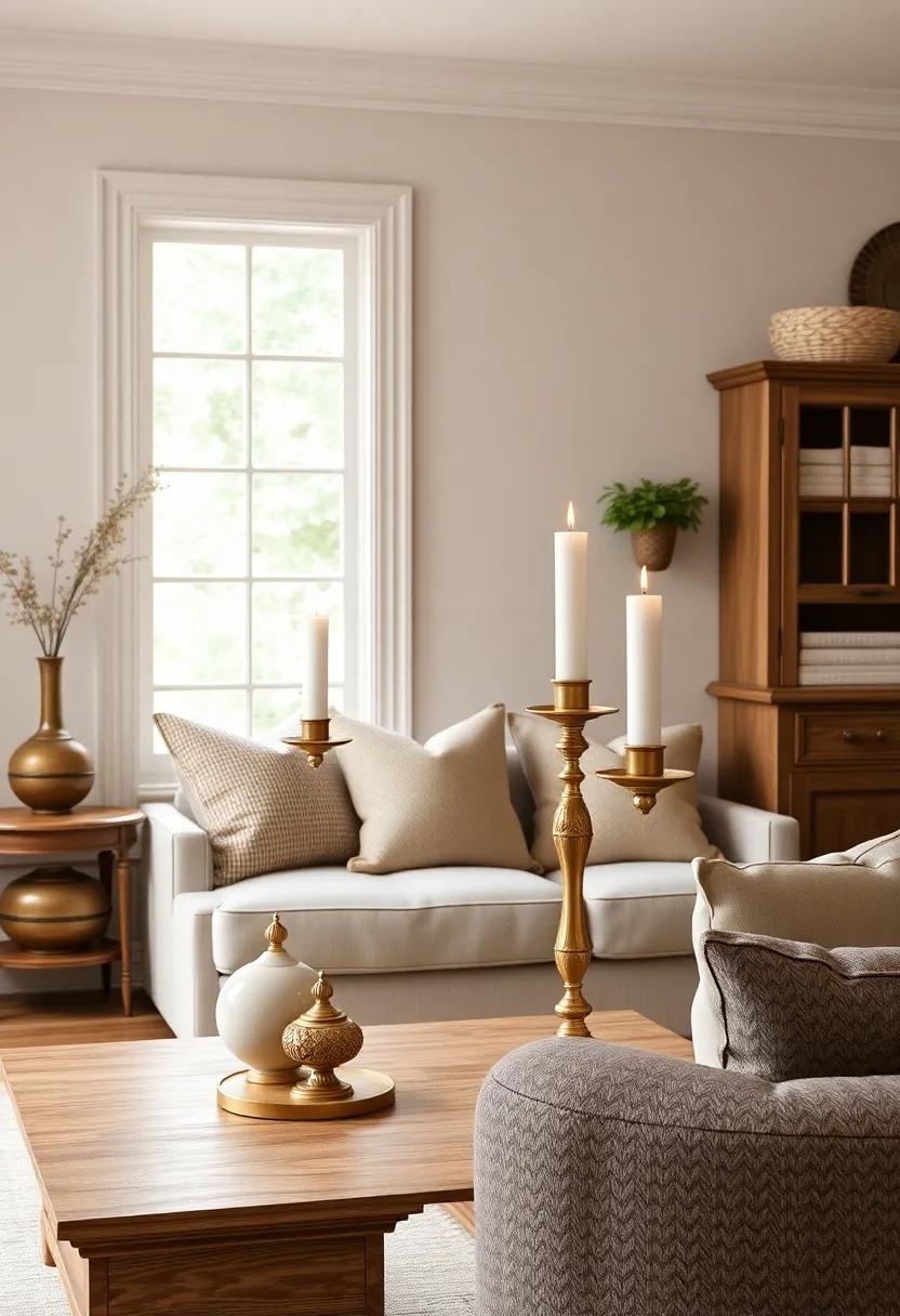 Antique Brass ⁤Candlesticks: Fill your living room ​with warm light and an ⁤old-world ambiance ​using ​elegant brass candlesticks in varying heights