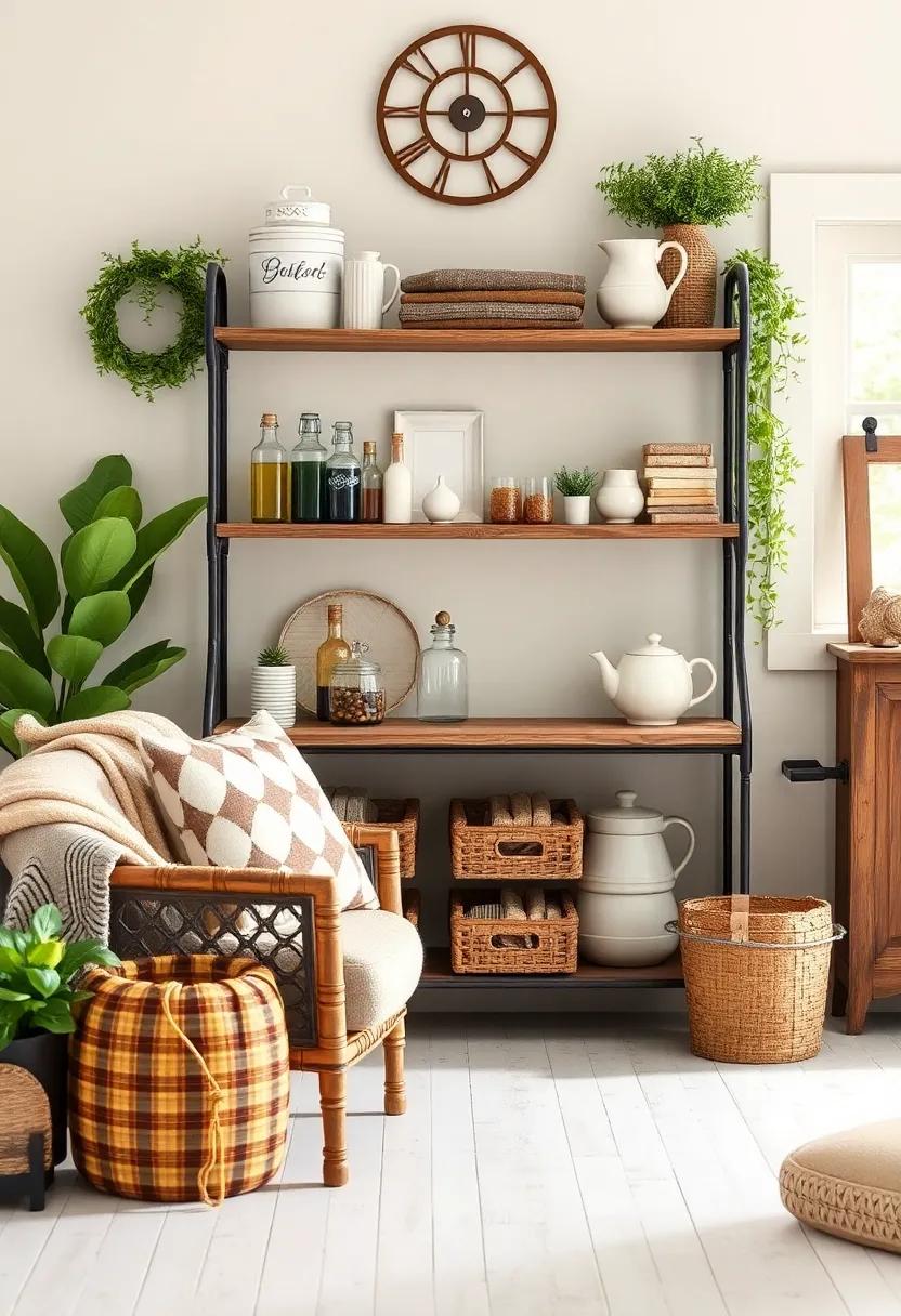 Baker’s Rack:‌ Incorporate ⁣a‌ rustic baker’s rack ⁤for‌ displaying drinks, snacks, and decorative items, adding⁤ practical charm to your living space