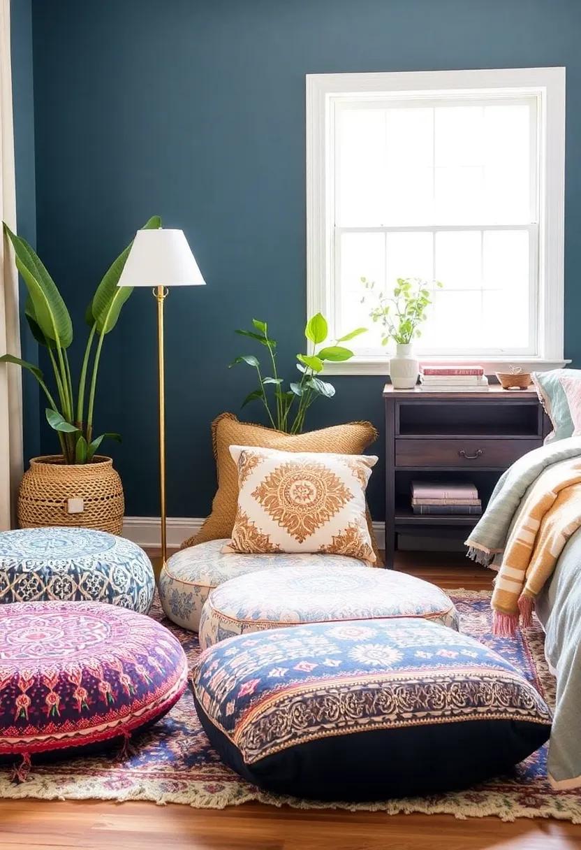 Floor Cushions: Include bohemian floor cushions or poufs that invite lounging and relaxation ⁢in your bedroom