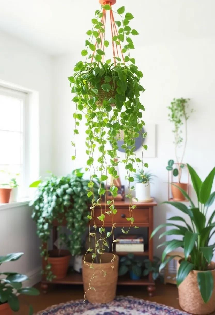 Hang from the Ceiling: Create a whimsical jungle ​vibe by hanging trailing plants like pothos from the ceiling,drawing the eye upward