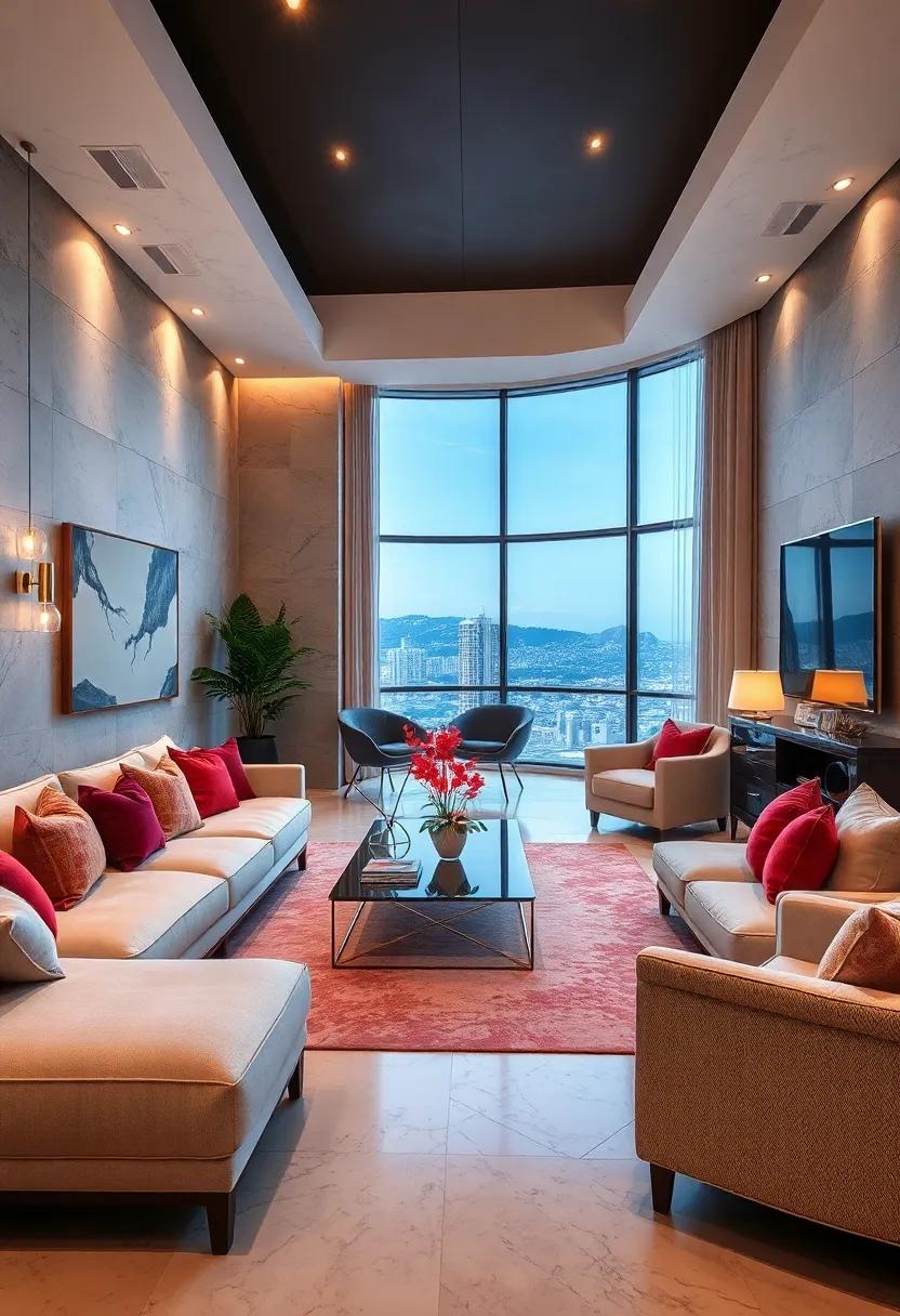 Hollywood‌ Hills: Channel classic Hollywood glam with plush sofas, mirrored furniture, and dramatic lighting for an atmospheric and stylish space
