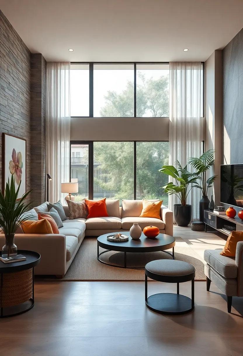 Zen Oasis: Cultivate peace with serene colors, minimalist decor, and elements that promote well-being, transforming your living room into a calming retreat