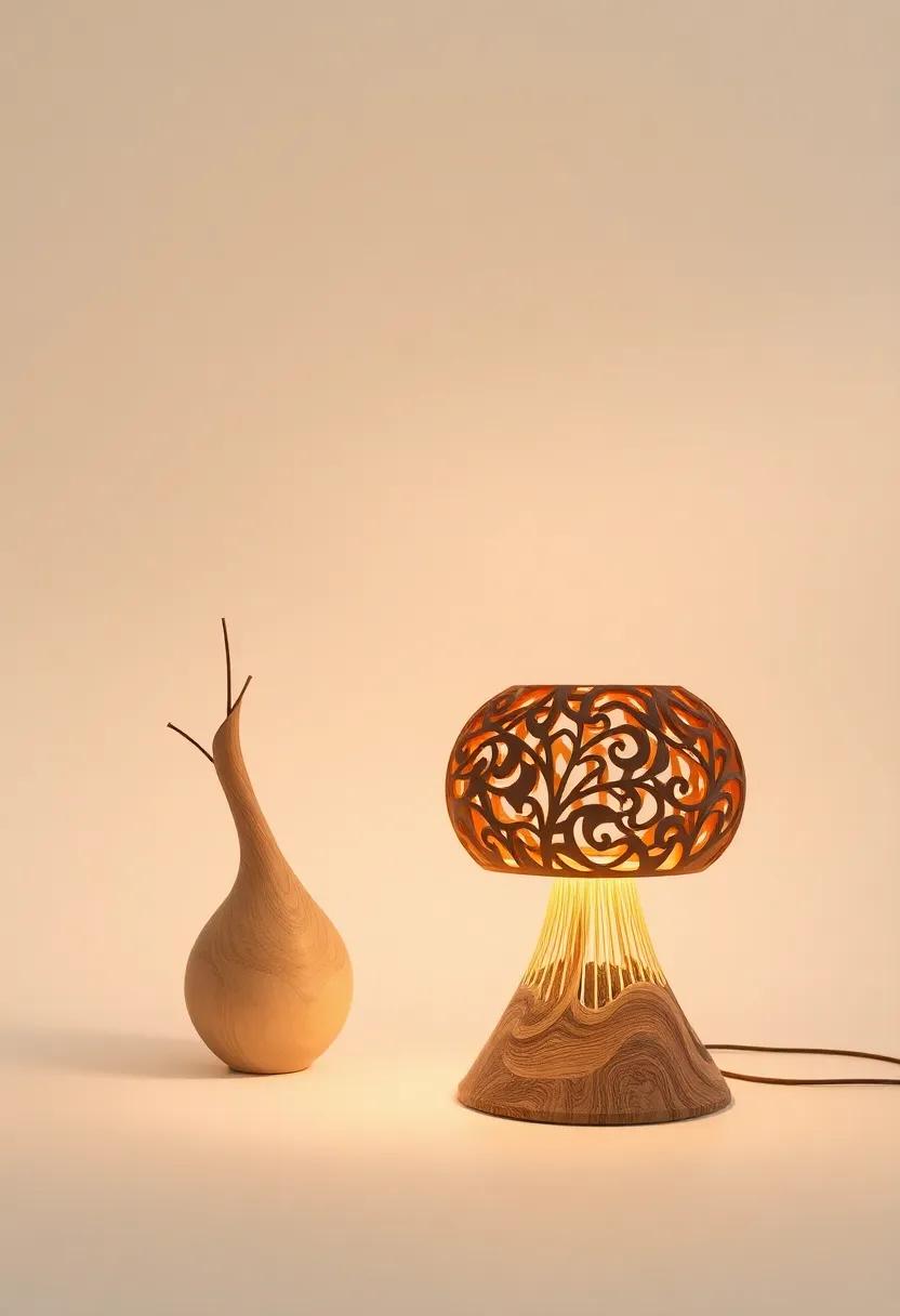 Artistic ​Wood Forms: A beautifully crafted wooden lamp that showcases intricate ​carvings and textures,‍ bringing warmth and artistry into⁢ your living spaces