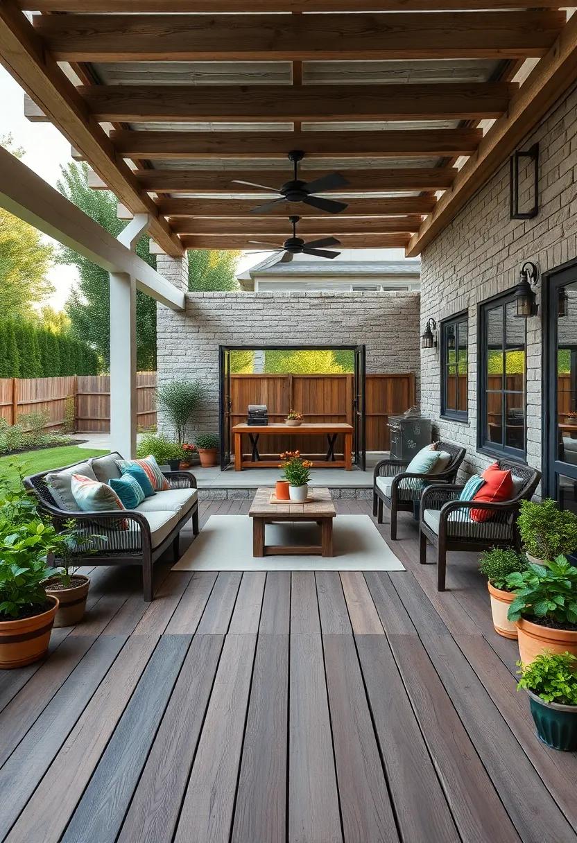 Farmhouse Elegance: A wide ‍expanse of reclaimed wood decks paired with rustic furniture, adorned ⁣with potted⁣ herbs to infuse functionality ⁢with charm