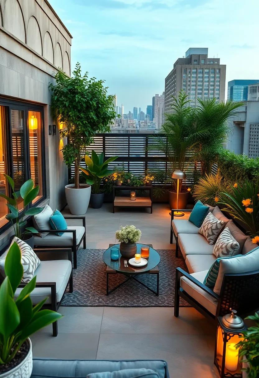 Rooftop Wonderland: A cityscape view paired‍ with stylish furniture and greenery transforms this rooftop patio into a serene escape from urban life