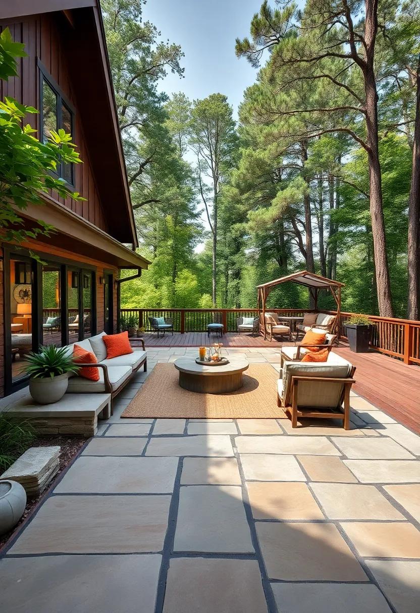 Rustic Cabin: Stone pathways lead to a spacious​ wooden ‍deck, surrounded​ by towering trees that offer​ natural‌ shade and⁢ a sense of seclusion