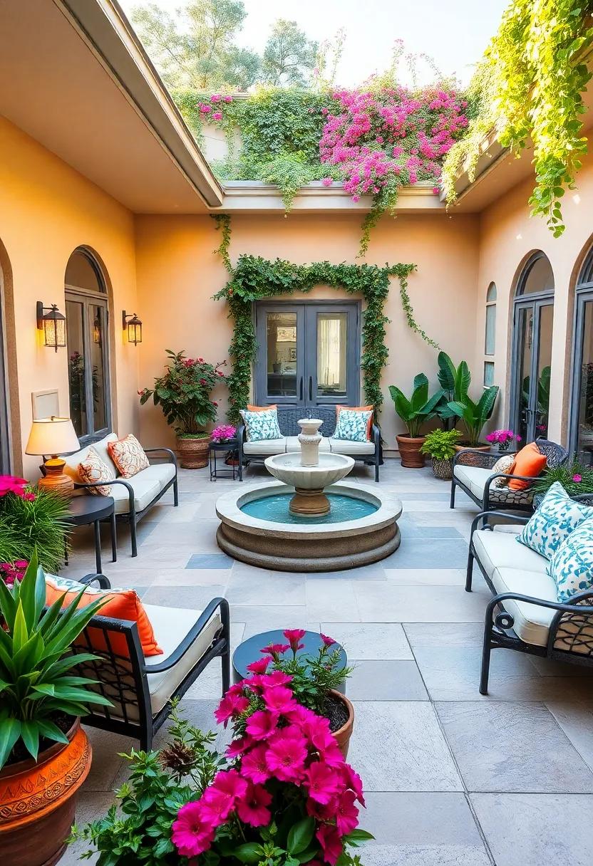 Charming ‌Courtyard: A central fountain​ surrounded by climbers, flowers, ⁤and seating creates an enchanting environment reminiscent‌ of a hidden European gem