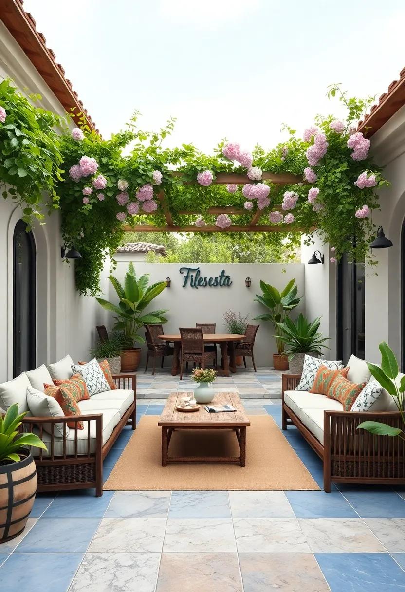 Mediterranean Oasis:​ Bright blue tiles and lush greenery create a breezy⁢ atmosphere,‌ perfect for⁢ lounging⁣ under a trellis draped in blooming vines