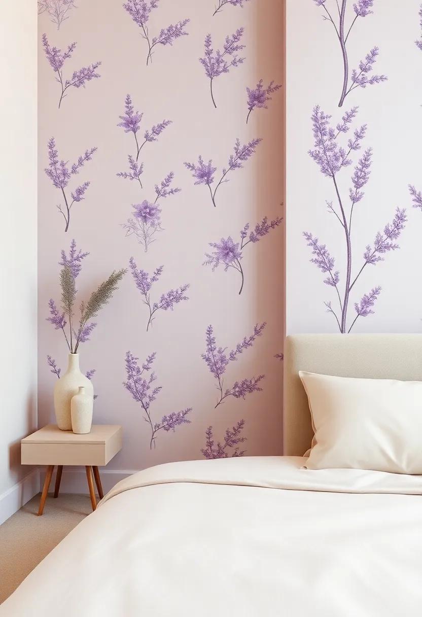 Eye-Catching Wallpaper:‍ Choose a delicate ‍lavender floral ​or geometric wallpaper⁢ for an accent wall that stimulates the senses