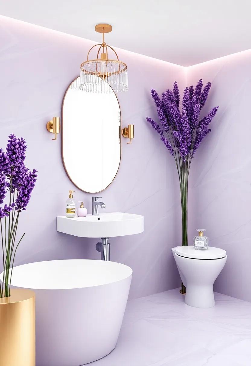 Glamorous Fixtures: Opt for sleek, modern bathroom fixtures in polished ​chrome or brass to complement your ‌lavender-themed elegance