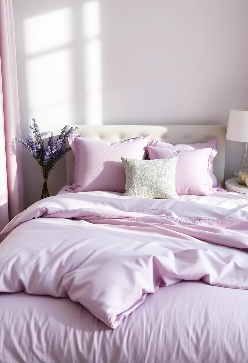 Plush ⁣Bedding Delight: Invest ‍in a luxurious​ lavender-hued duvet‍ set complemented by an array of textured pillows for a cozy yet refined look
