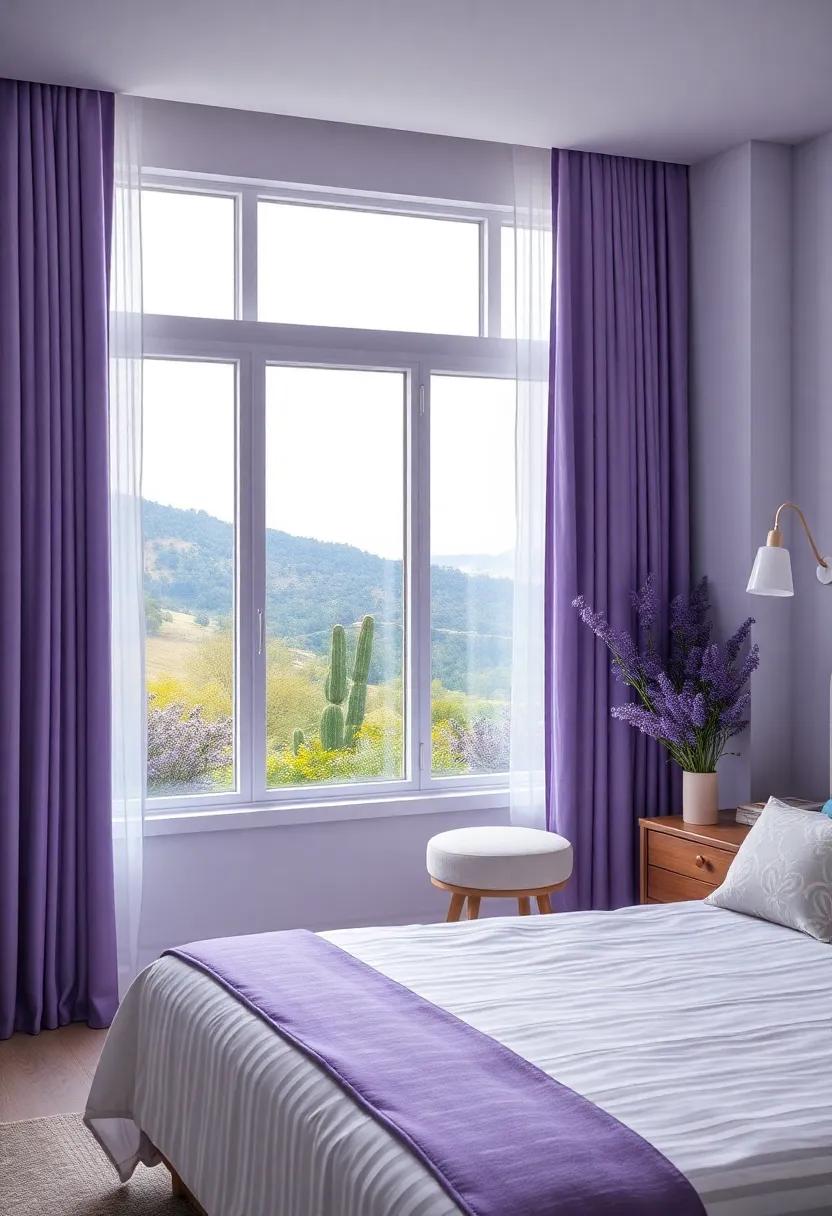 Serenity with a View: Install large windows dressed with ⁤lavender curtains⁤ to invite natural light and showcase beautiful outdoor scenery