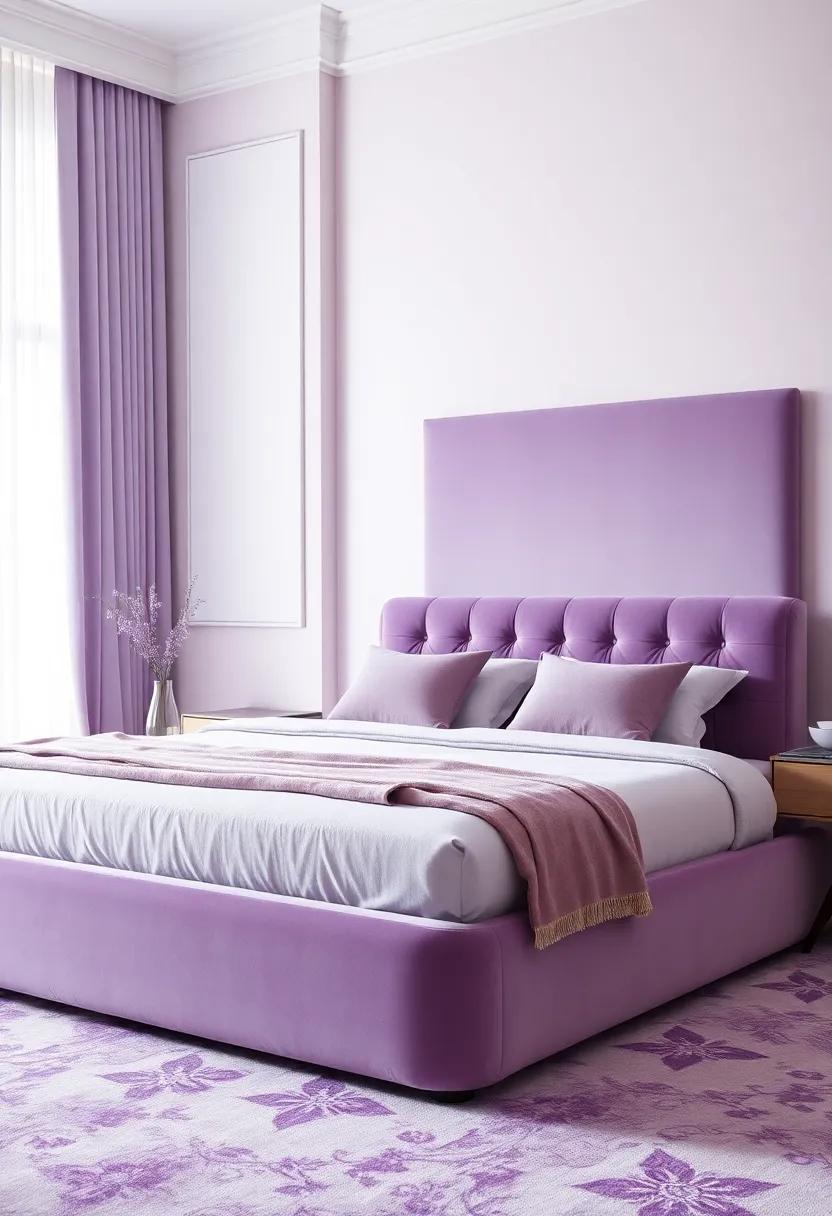 Statement Furniture: Select a plush, lavender velvet upholstered bed frame for an upscale anchor that‍ draws ⁣the eye and invites relaxation