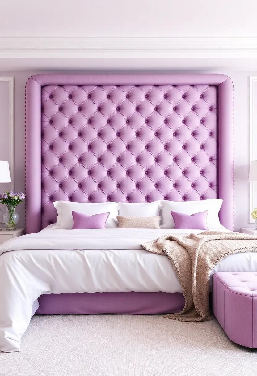 Statement headboard: A ​tall,tufted lavender headboard can ⁣act as a striking focal point that ties together the room’s color scheme