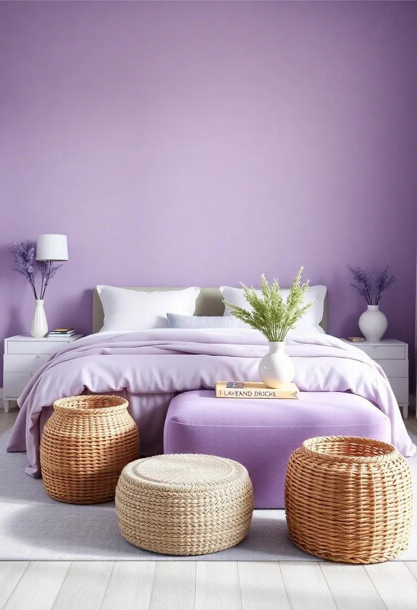 Stylish Storage: Choose chic lavender-colored storage⁣ solutions like ottomans or woven baskets that blend functionality ⁣with design