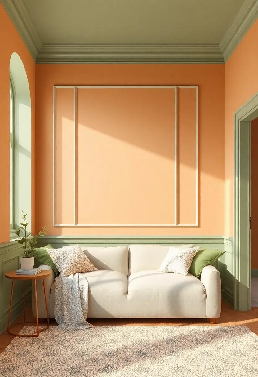 Embrace the warmth of light caramel walls accented by sage green trim​ for a soothing backdrop that invites comfort and relaxation