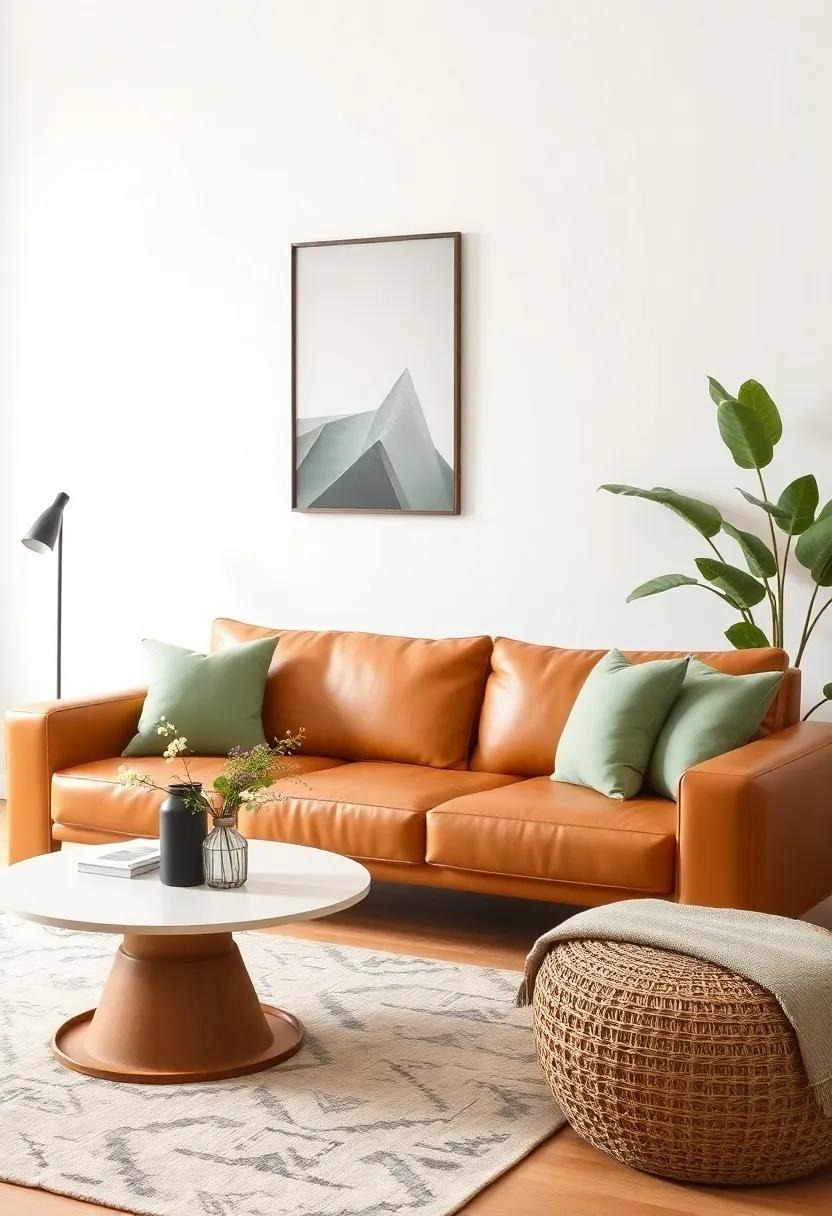 Pair⁤ a‌ light caramel leather ‍sofa ​with⁢ sage ⁤green throw pillows to create a stylish focal point that enhances the cozy atmosphere