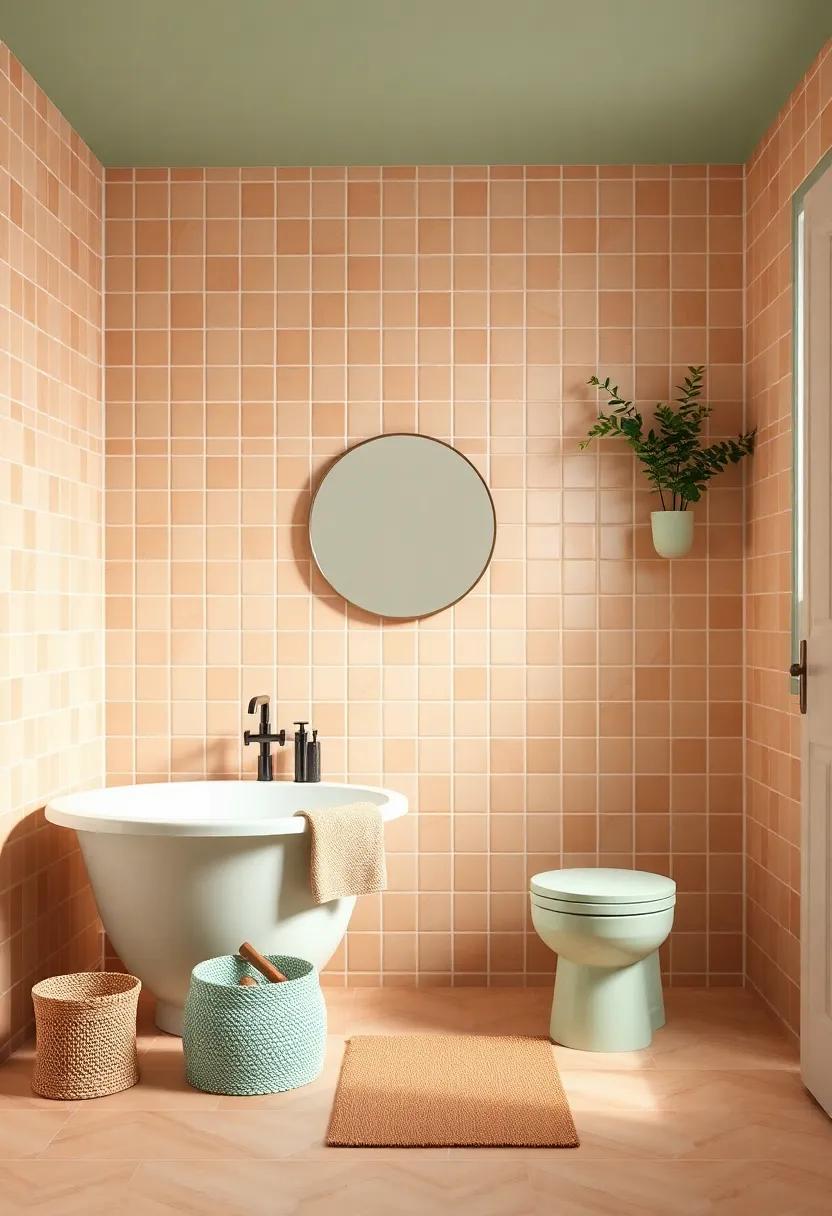 Create a playful bathroom using ​light caramel tiles accented with ‍sage green accessories, blending style with‍ a sense of retreat