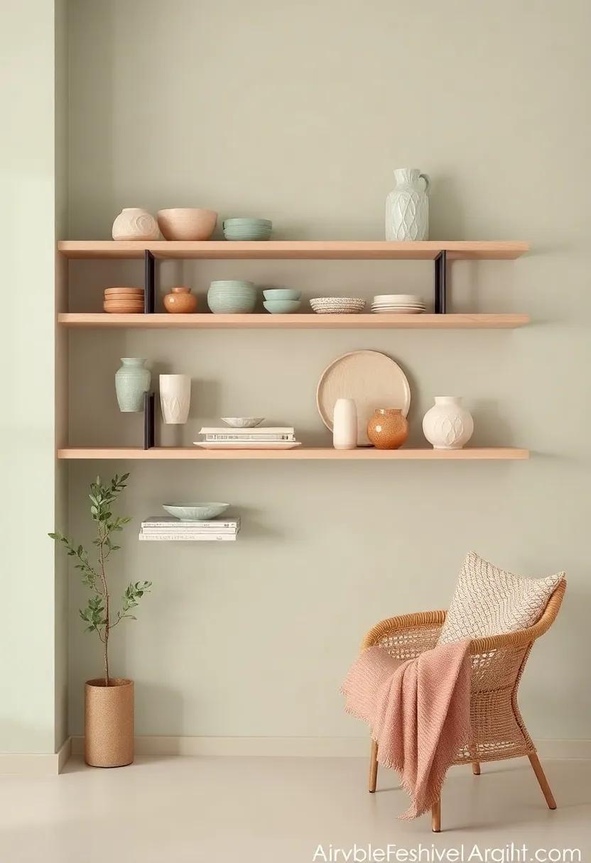 Introduce light⁢ caramel⁤ shelving to display sage green ceramics, creating a beautifully curated space that reflects your style