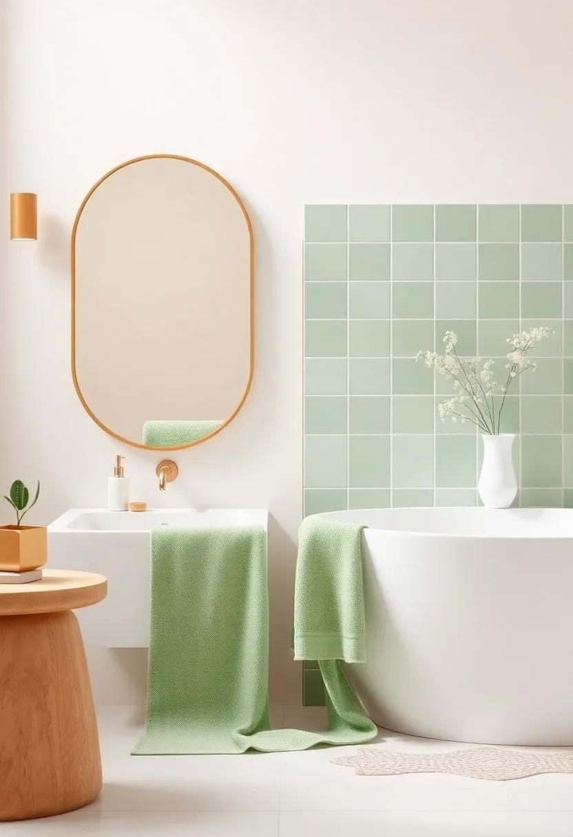 Mix light caramel accents with sage green bath towels for ‍a refreshing and invigorating bathroom aesthetic
