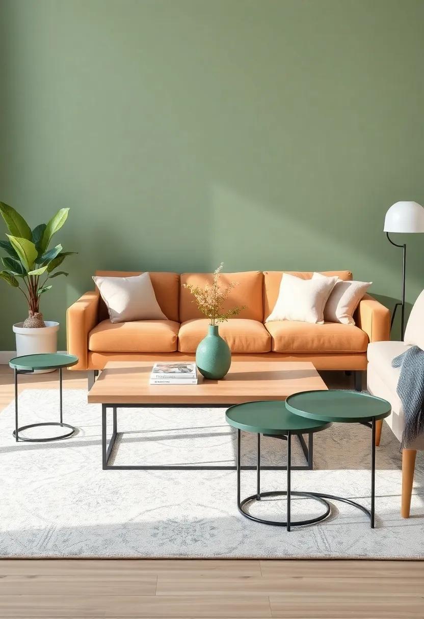 Create contrast⁤ in a living room by pairing a light caramel coffee table⁣ with ​sage green side tables,adding a touch of modern flair
