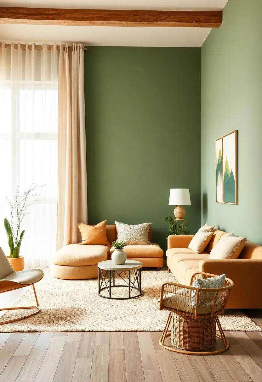 Use⁣ light caramel and sage green color blocking ⁢in your living ‌room decor to⁤ create a​ visually arresting and cozy environment