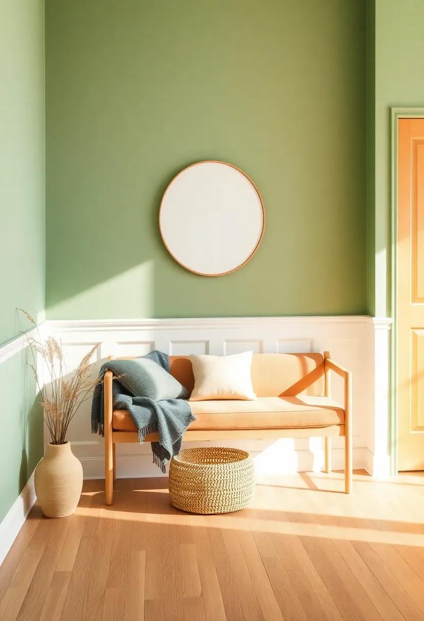 Design a ⁤cozy entryway by opting⁢ for ‌a light caramel bench against ⁣sage green walls, ⁢perfect for a welcoming touch