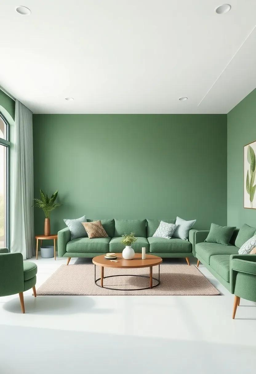 Mint Green: A playful yet soft color‍ that forms a‌ monochromatic palette with darker greens, inviting freshness into the​ living area