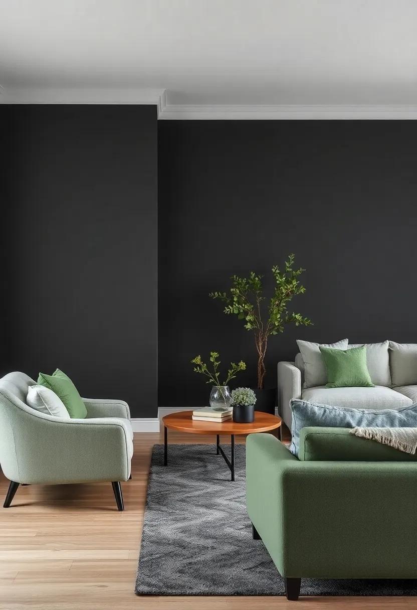 Charcoal: A deep, moody option that emphasizes light green accents, adding drama ‍and ‍sophistication ⁤to your ‌living area