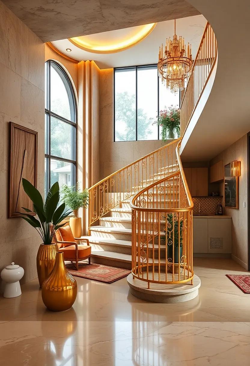 Staircase Glamour: Gold Railing ‌for an Exquisite ‍Entrance