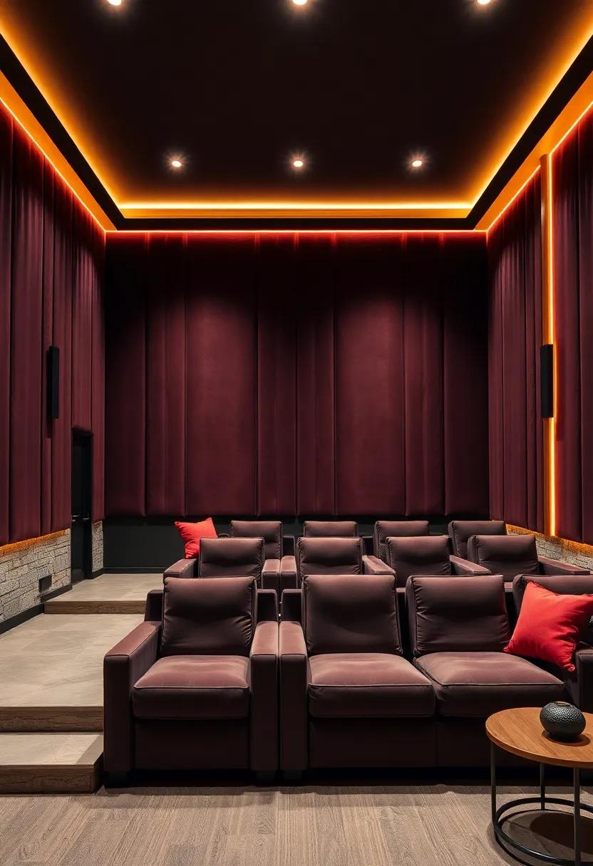 A ⁢Cinematic Dream: this luxury home theater features dark velvet walls, providing both ⁣sound absorption ⁤and an opulent backdrop for an immersive viewing experience