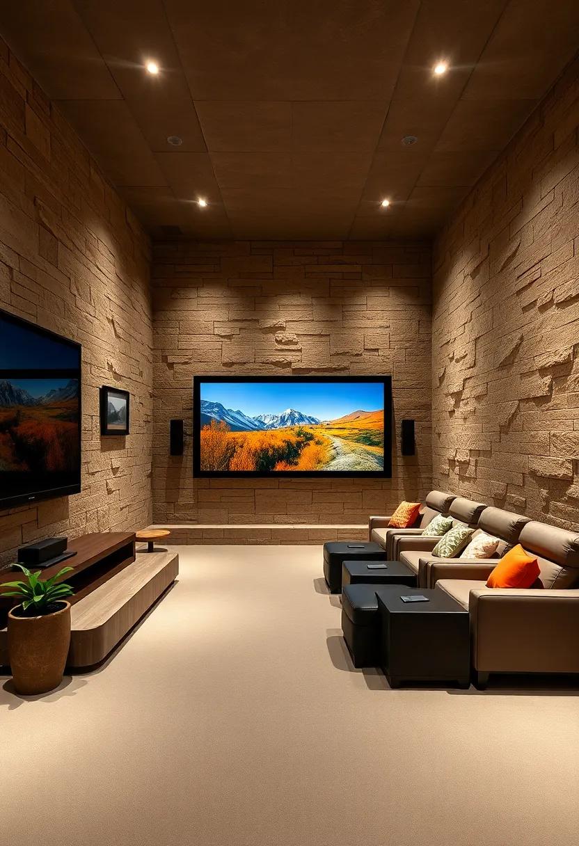 Nature's Touch: Textured stone walls emulate the beauty of a natural landscape, transporting viewers to a serene, earthy atmosphere⁢ as ‌they enjoy their favorite films