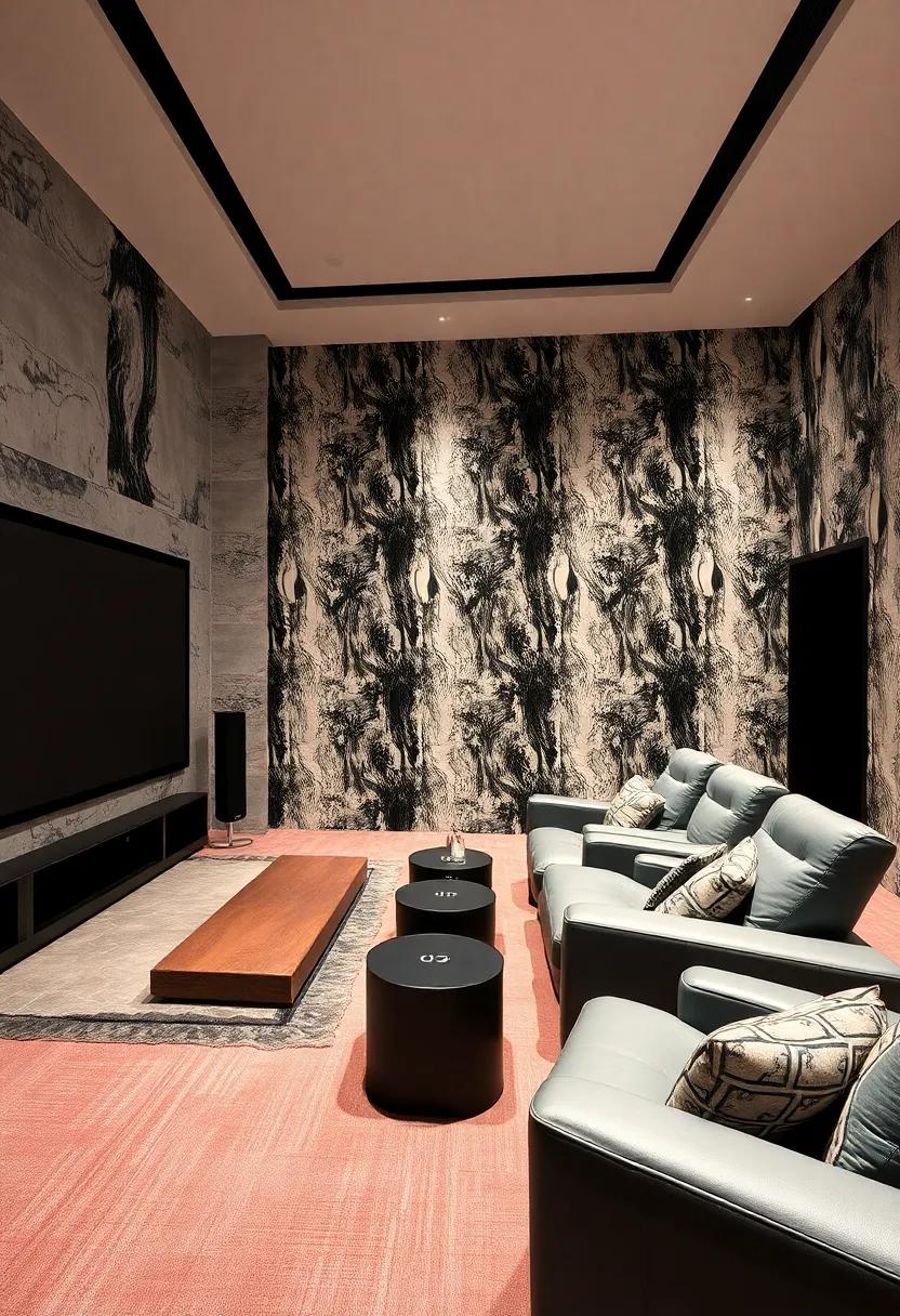 Modern ‍Monochrome: Black and white patterned walls create a sophisticated backdrop, emphasizing the latest in audiovisual‍ technology without overwhelming ​the senses