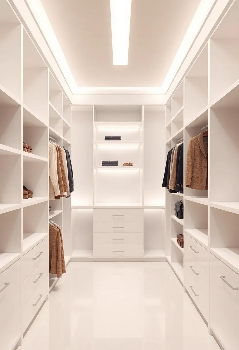 Embrace⁢ elegance: Explore‌ a sleek, ‍minimalist walk-in closet adorned ⁢with white custom shelving and soft LED lighting, creating a bright and inviting space for your⁤ wardrobe