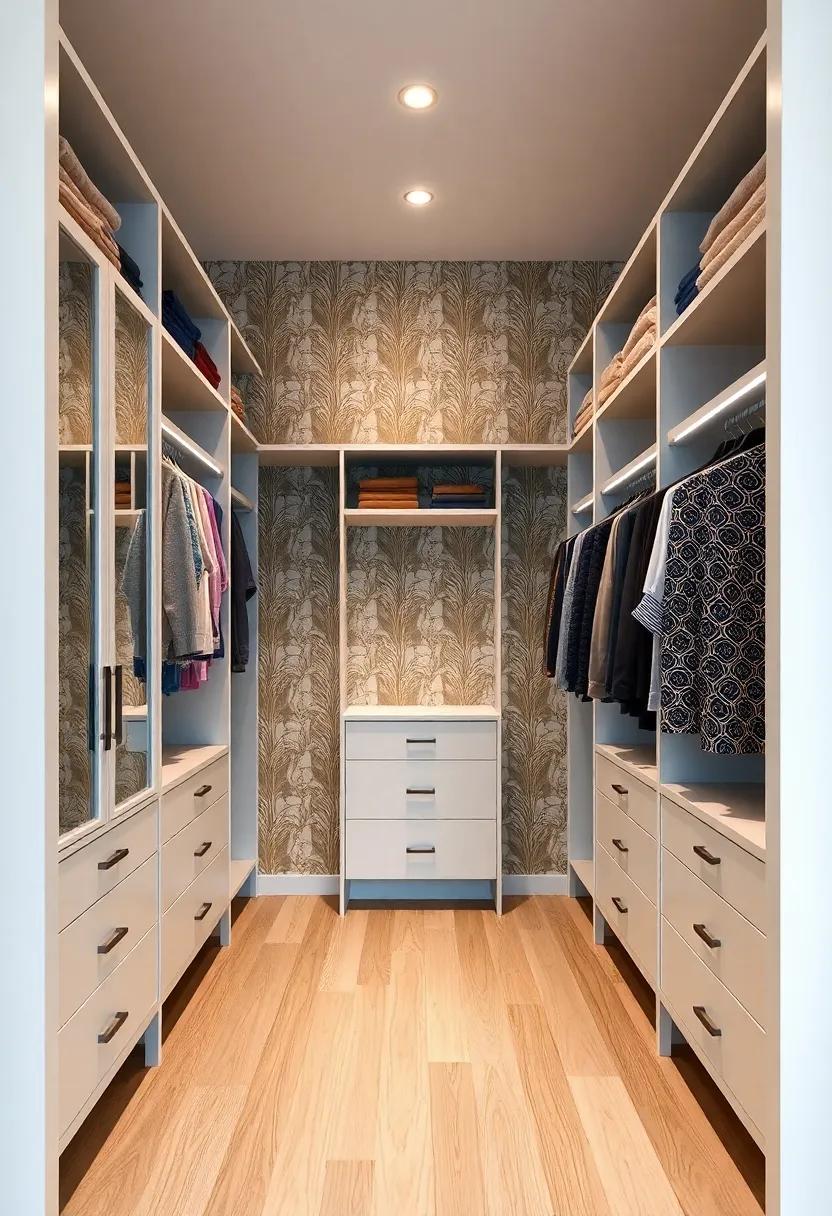Statement walls:⁢ Look at bold walk-in closet designs that utilize⁢ patterned wallpaper behind custom shelving, adding a ​striking ⁢backdrop for your organized garments