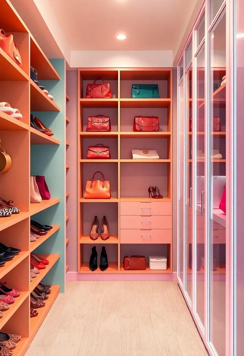 Color-Coded Bliss: Discover the charm of a vibrant walk-in closet featuring colorful shelving⁣ units ‍that beautifully organize shoes, handbags, ⁣and accessories while adding a pop ‍of personality