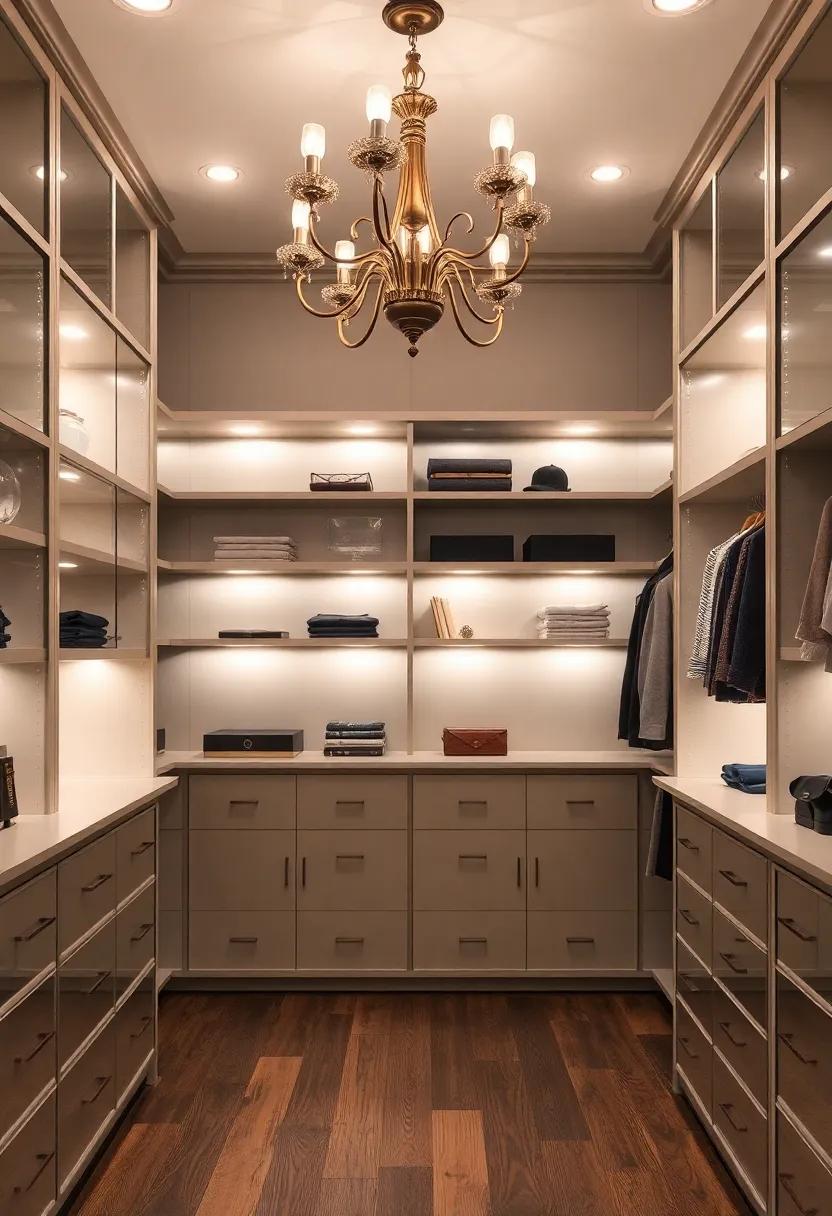 Elegant Lighting:⁣ Marvel at a walk-in closet equipped ⁤with statement chandeliers and strategically placed spotlights, illuminating custom shelving‌ and ​highlighting your favorite pieces