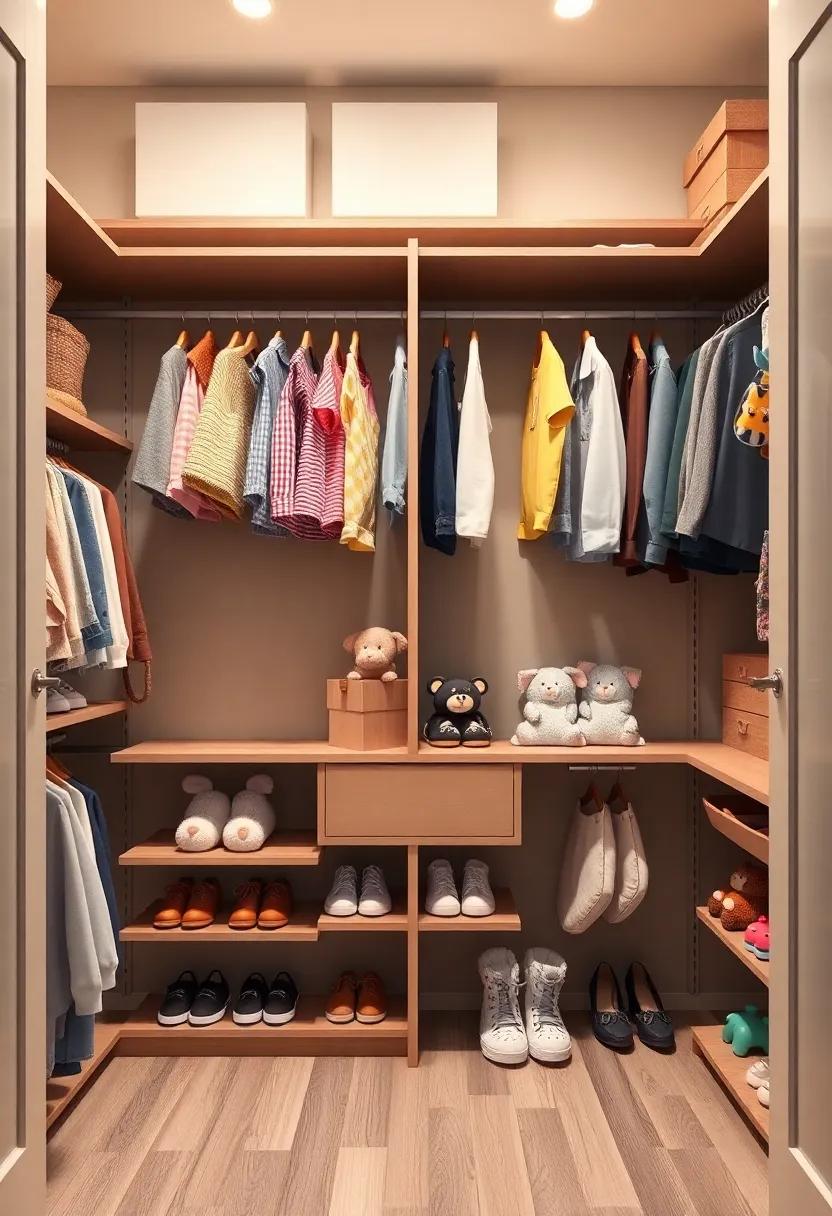 Kids' Luxury: Discover a walk-in closet designed specifically for children, complete with lower custom shelving for easy access to ⁢toys and​ clothes, all while maintaining a stylish⁢ look