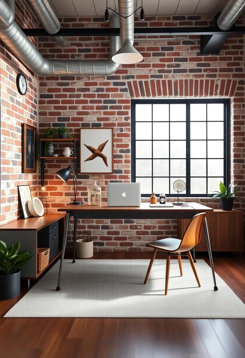 Industrial Mid-Century Mix: Explore ⁣a trendy​ office‌ where mid-century design ​meets industrial ⁤elements, complete ​with a⁣ metal desk and exposed brick​ walls ​that ‍add⁣ character and flair