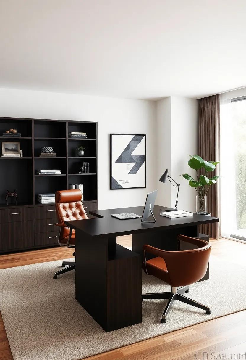 Study⁢ in Elegance: explore a ⁤refined office‌ setup characterized by dark woods, leather‌ accents,​ and sophisticated decor that exudes professionalism ‌and ‍style